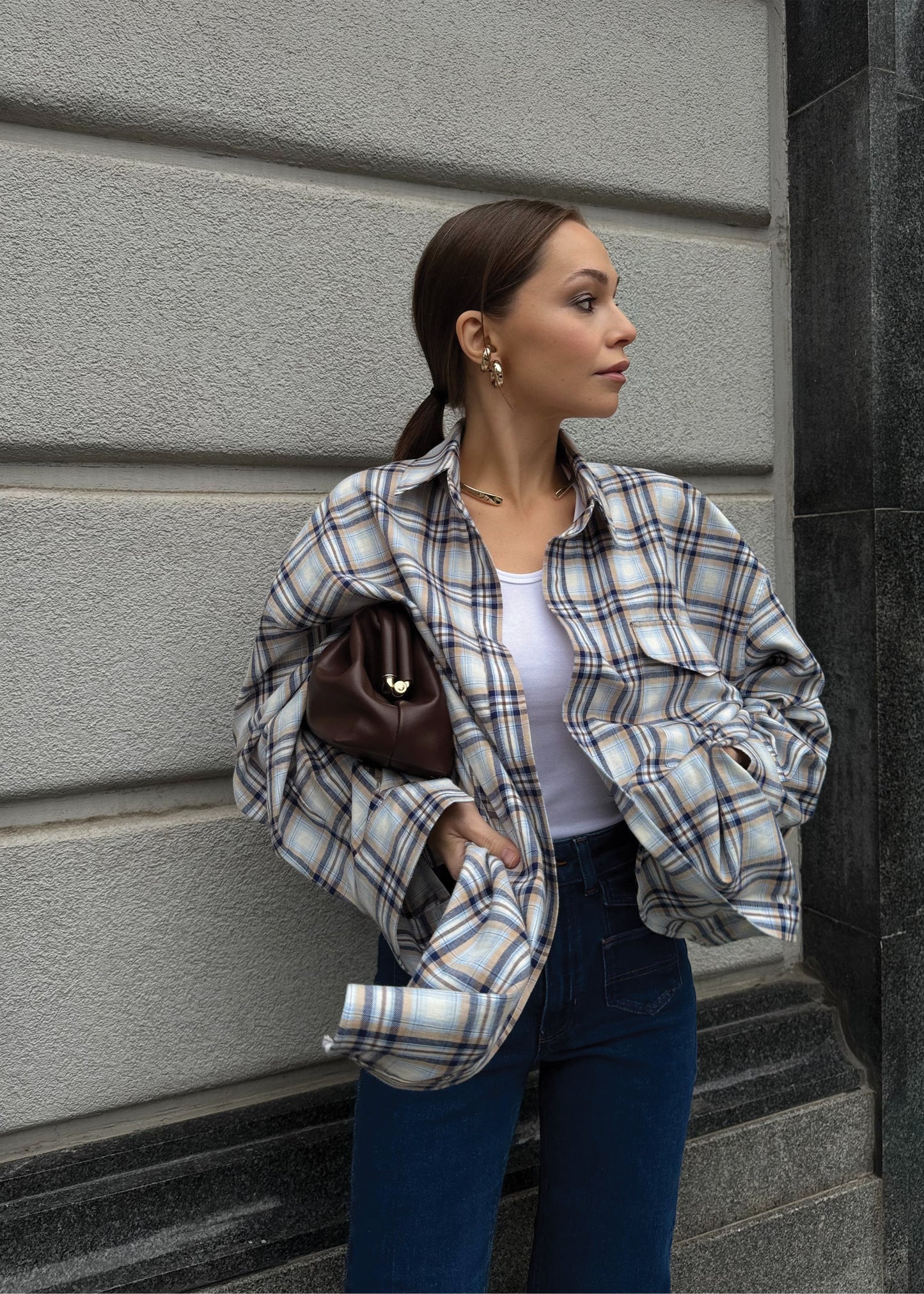 Oversized blue sky plaid shirt