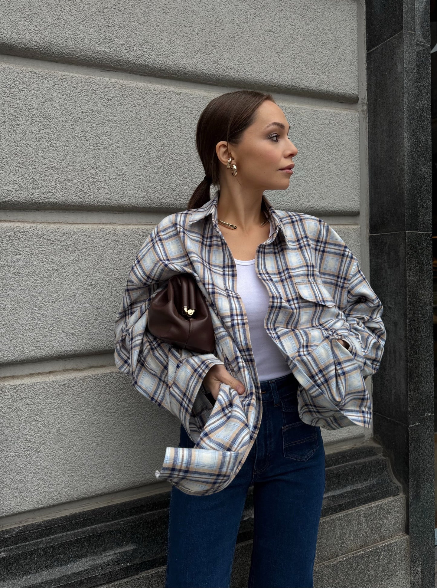 Oversized blue sky plaid shirt