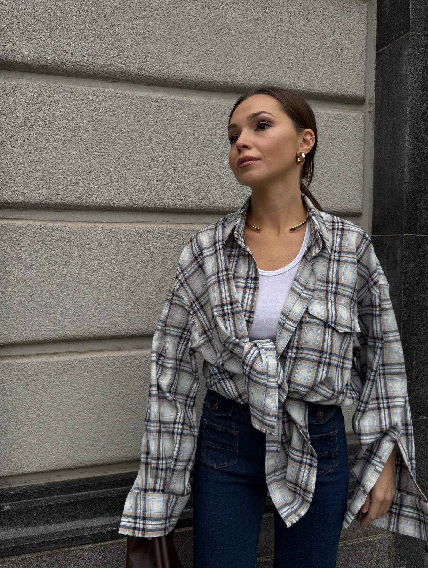 Oversized blue sky plaid shirt
